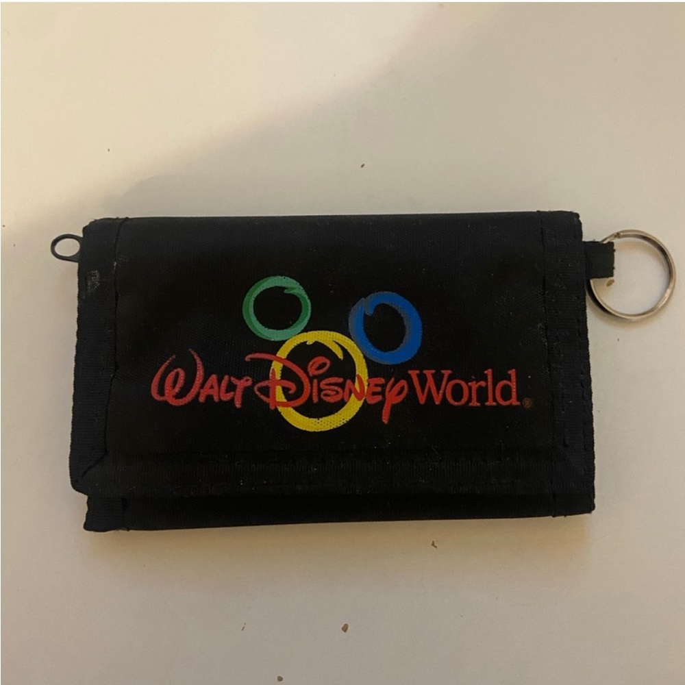 Vintage Walt Disney‎ World Black Nylon Tri-Fold Wallet With Key Ring